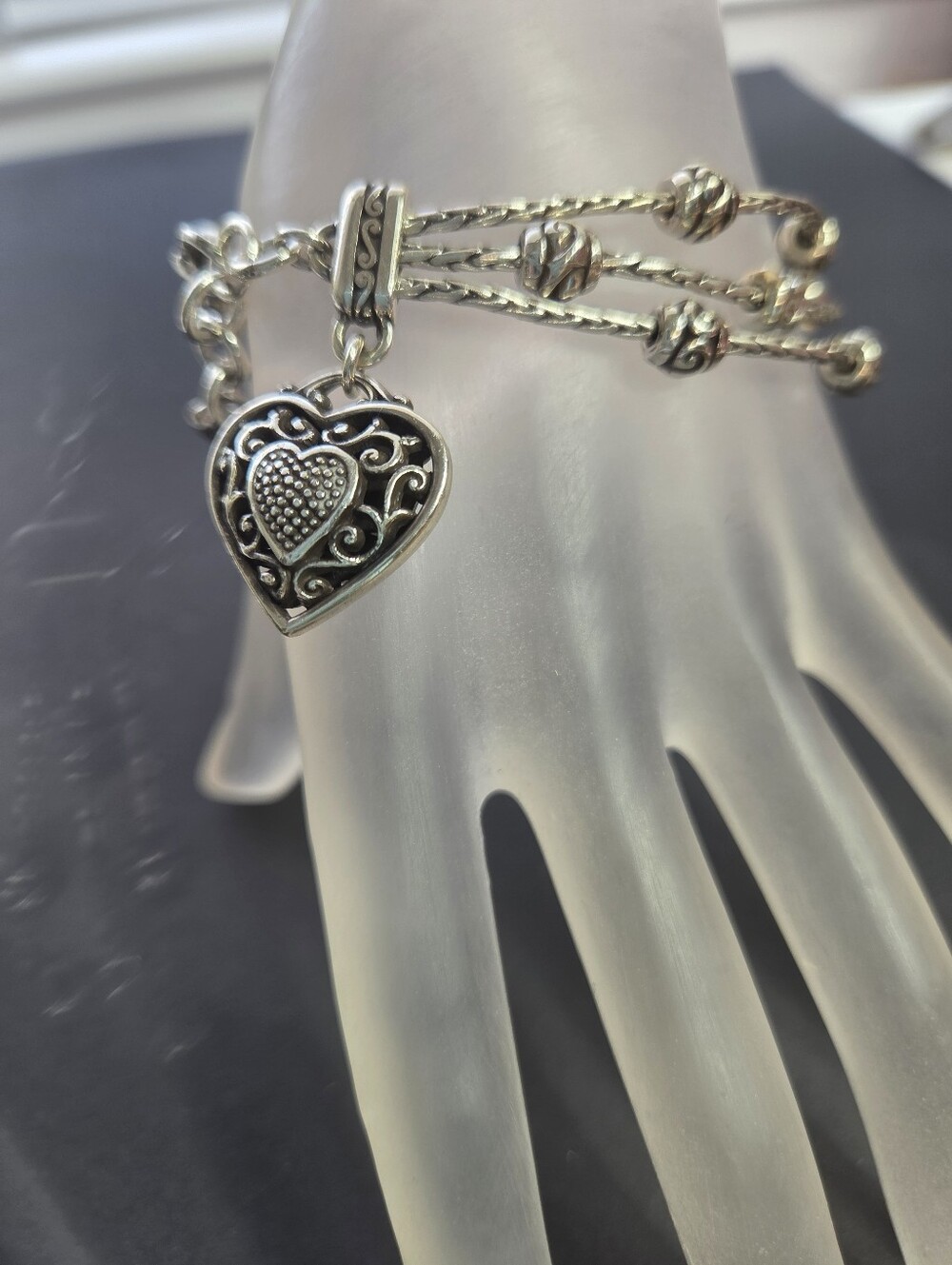 vtg brighton 3 stranded reno heart bracelet  silver plated rose bud stations